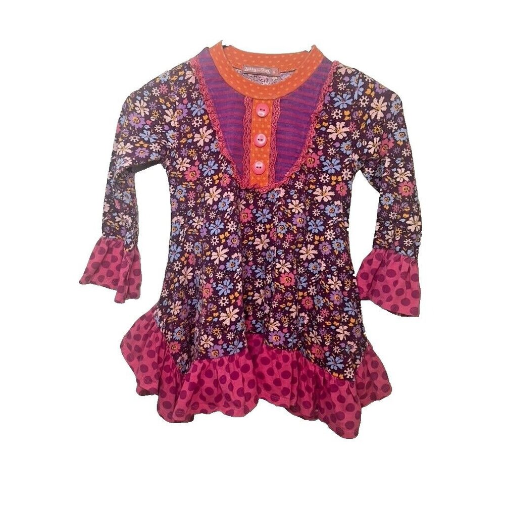 Jelly‎ The Pug Pink Orange Floral Ruffle Long Sleeve Girls Dress Size 6